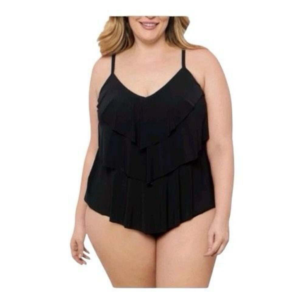 Aqua Green Women Black Triple Tier Tankini Plus Size 1X Beach V-Neck Full-cover